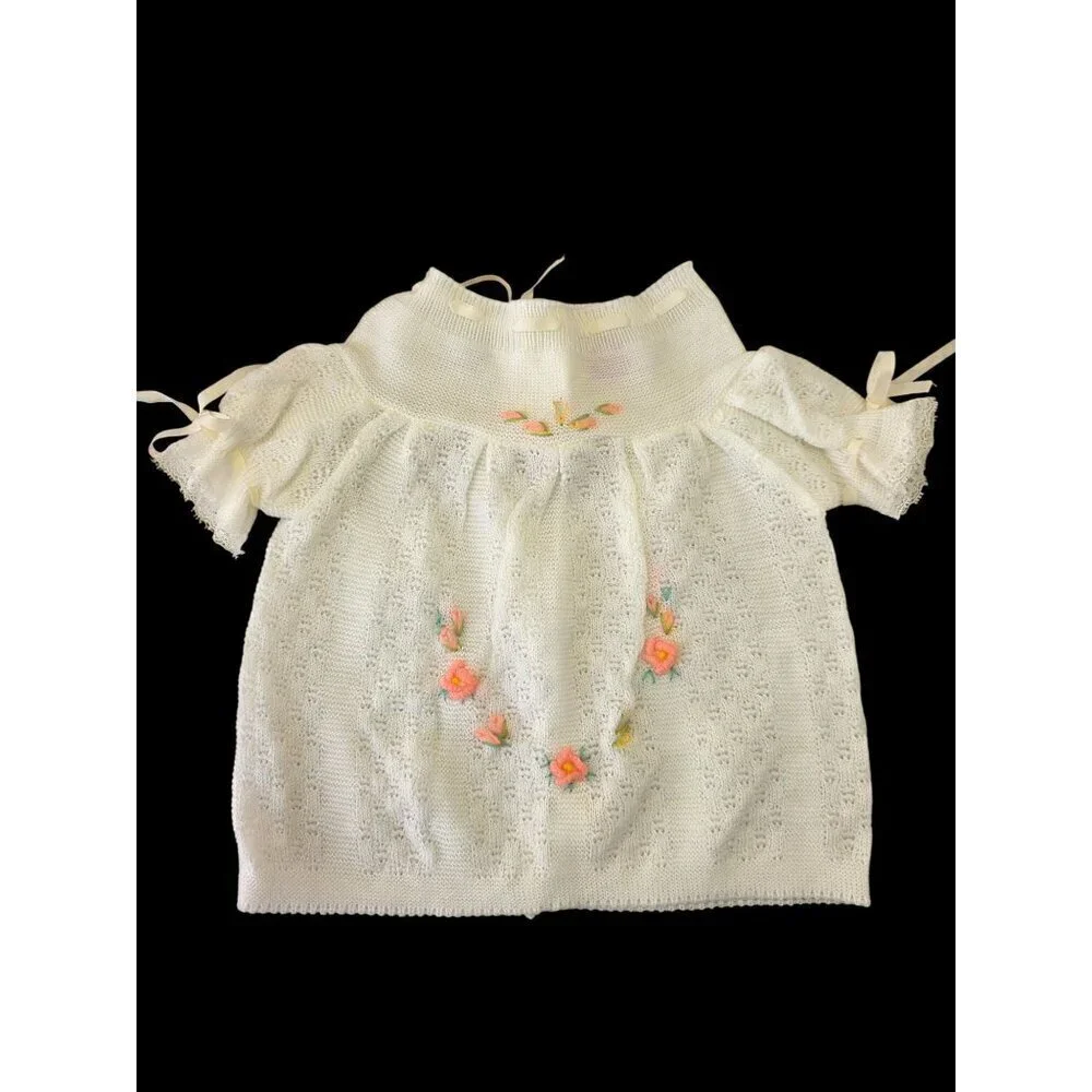 Love Spun by Celebrity 60/70s Baby Dress Newborn L Embroidery White Knit Acrylic
